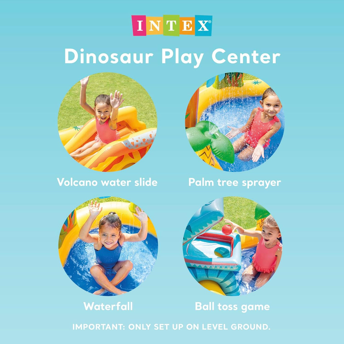 Inflatable Dinosaur Play Center Outdoor Playhouse Inflatable Water Park with Kid Pool Slide, Water Sprayer, Waterfall, and 6 Balls, Multicolor